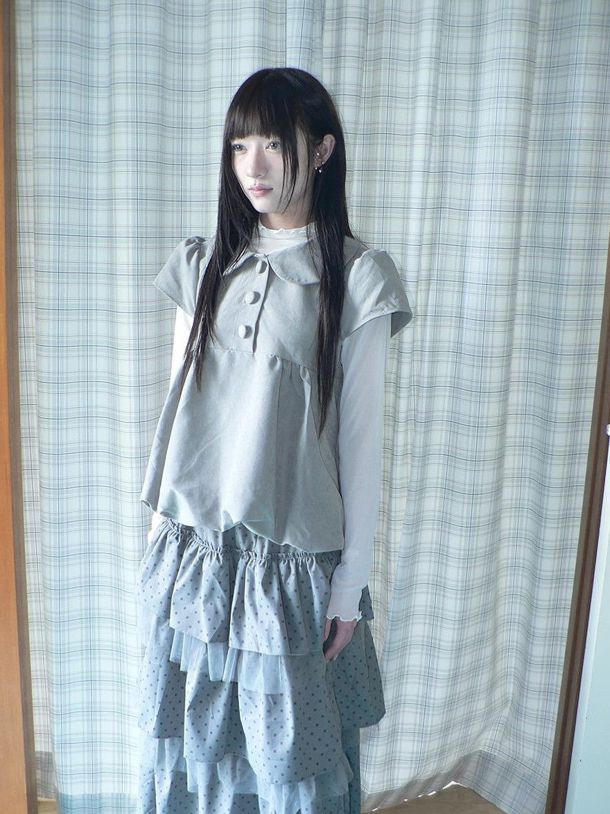 ang project Doll Collar Three Button Bubble Hem Suede Short Sleeve Solid Women&