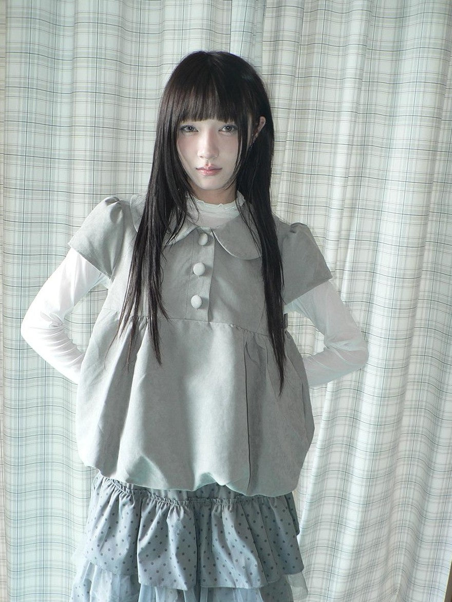 ang project Doll Collar Three Button Bubble Hem Suede Short Sleeve Solid Women&