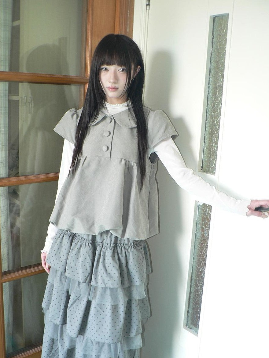 ang project Doll Collar Three Button Bubble Hem Suede Short Sleeve Solid Women&