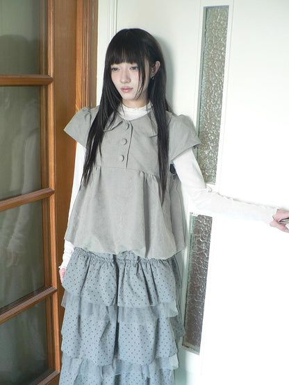 ang project Doll Collar Three Button Bubble Hem Suede Short Sleeve Solid Women&