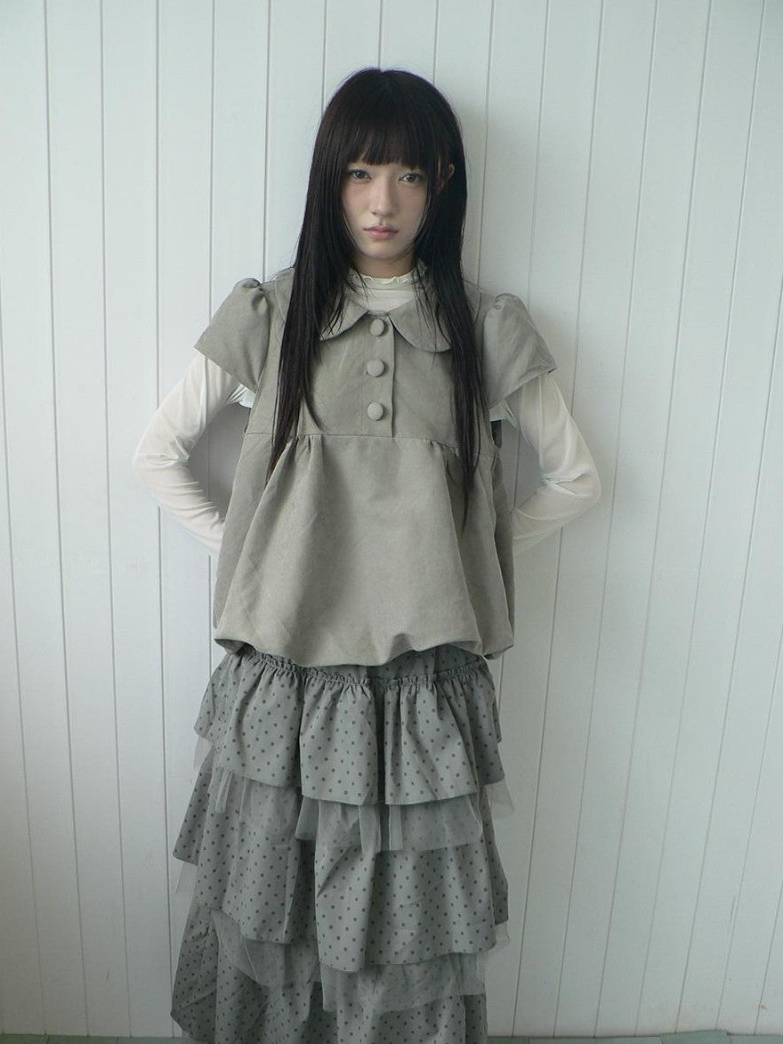 ang project Doll Collar Three Button Bubble Hem Suede Short Sleeve Solid Women&