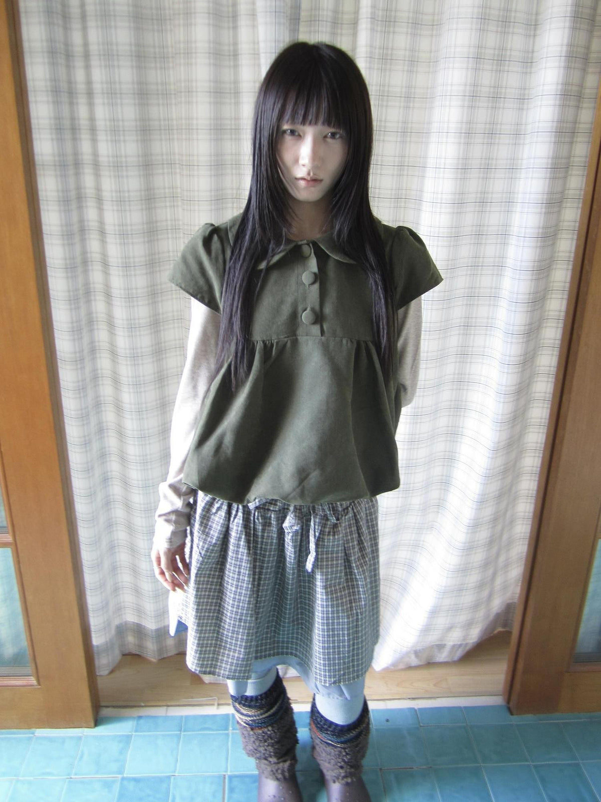 ang project Doll Collar Three Button Bubble Hem Suede Short Sleeve Solid Women&