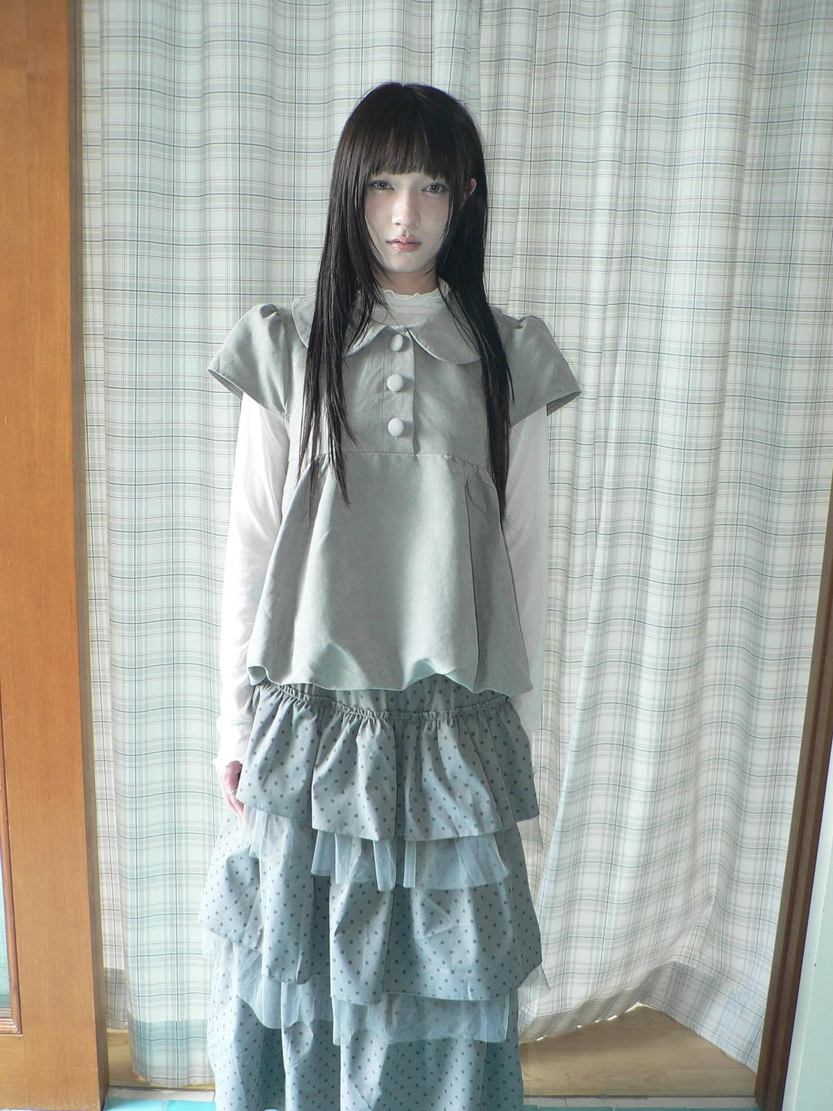 ang project Doll Collar Three Button Bubble Hem Suede Short Sleeve Solid Women&