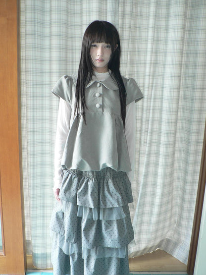 ang project Doll Collar Three Button Bubble Hem Suede Short Sleeve Solid Women&