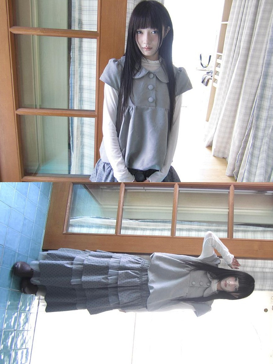 ang project Doll Collar Three Button Bubble Hem Suede Short Sleeve Solid Women&