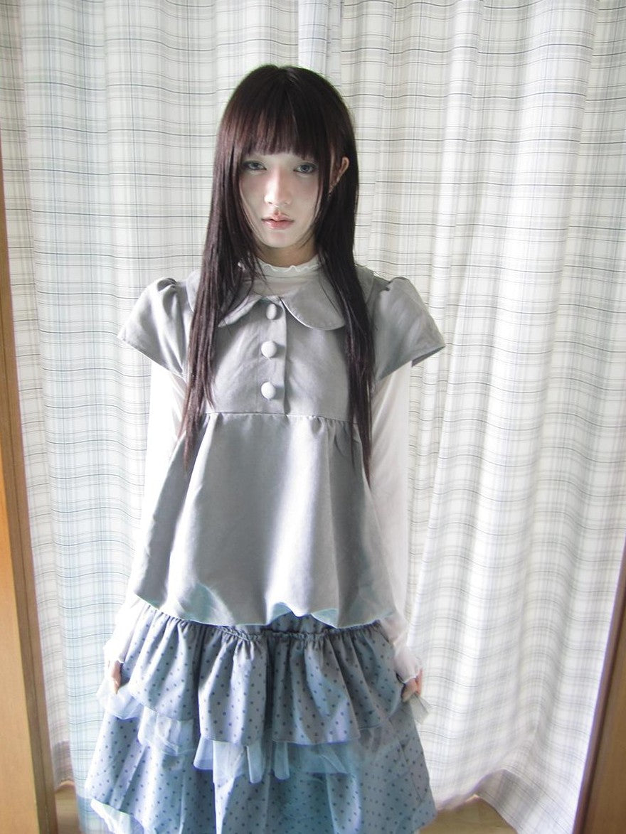 ang project Doll Collar Three Button Bubble Hem Suede Short Sleeve Solid Women&