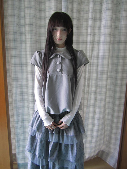 ang project Doll Collar Three Button Bubble Hem Suede Short Sleeve Solid Women&