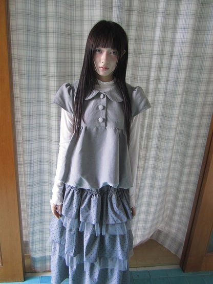 ang project Doll Collar Three Button Bubble Hem Suede Short Sleeve Solid Women&