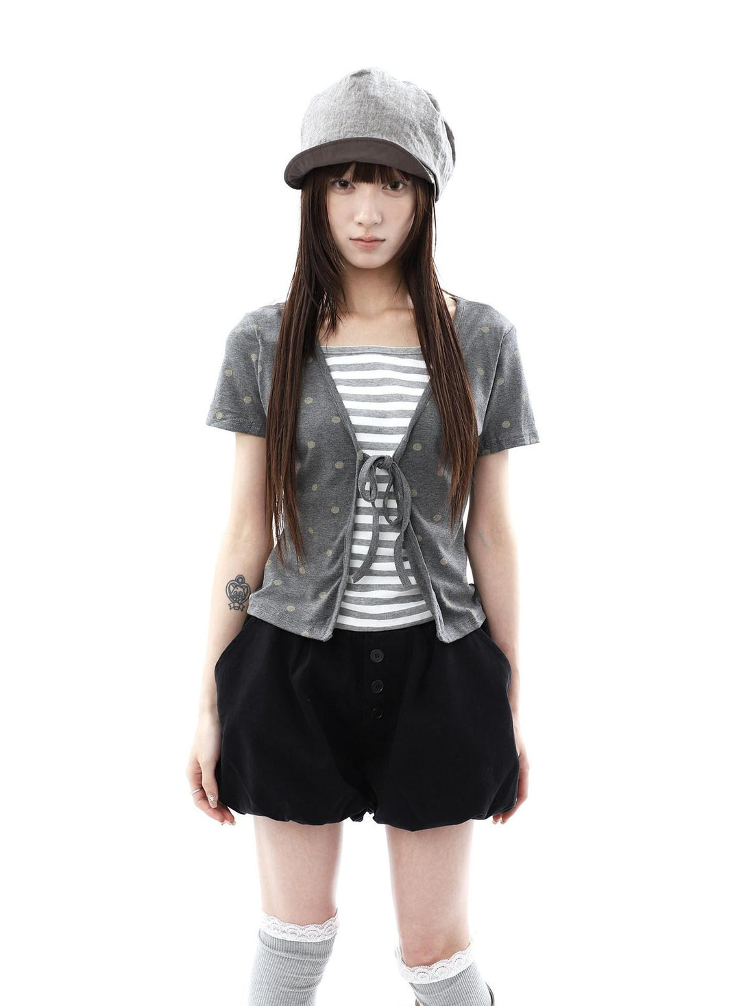 ang project Dot Stripe Patchwork Print Tie Fake Layer V-neck Women&