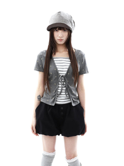 ang project Dot Stripe Patchwork Print Tie Fake Layer V-neck Women&