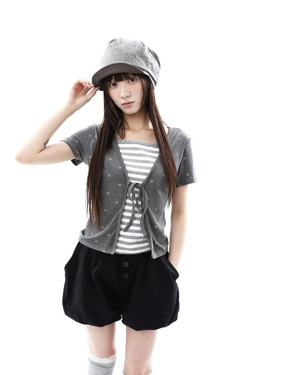 ang project Dot Stripe Patchwork Print Tie Fake Layer V-neck Women&