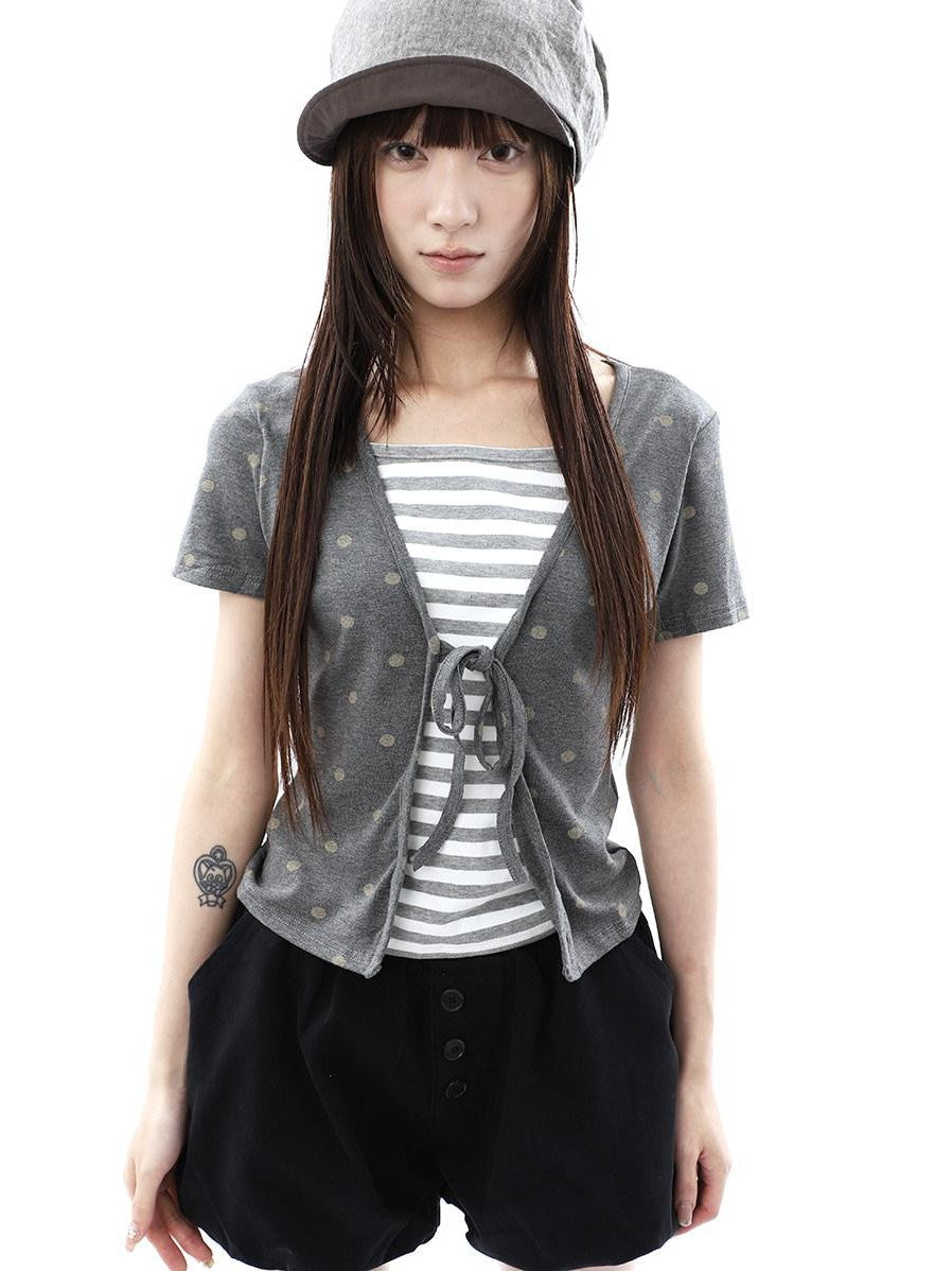 ang project Dot Stripe Patchwork Print Tie Fake Layer V-neck Women&