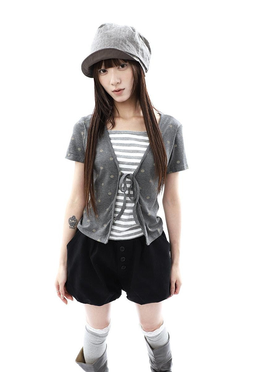 ang project Dot Stripe Patchwork Print Tie Fake Layer V-neck Women&
