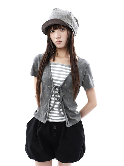 ang project Dot Stripe Patchwork Print Tie Fake Layer V-neck Women&