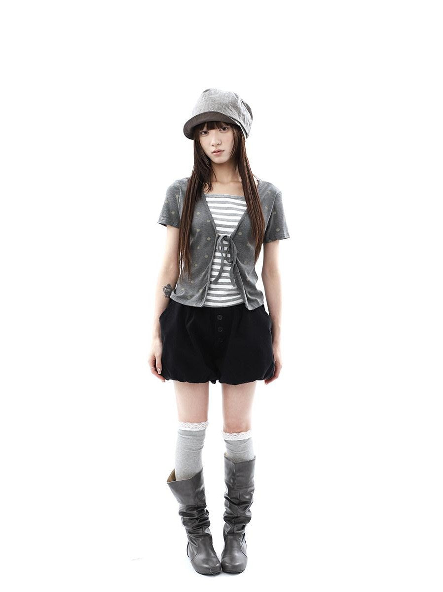 ang project Dot Stripe Patchwork Print Tie Fake Layer V-neck Women&