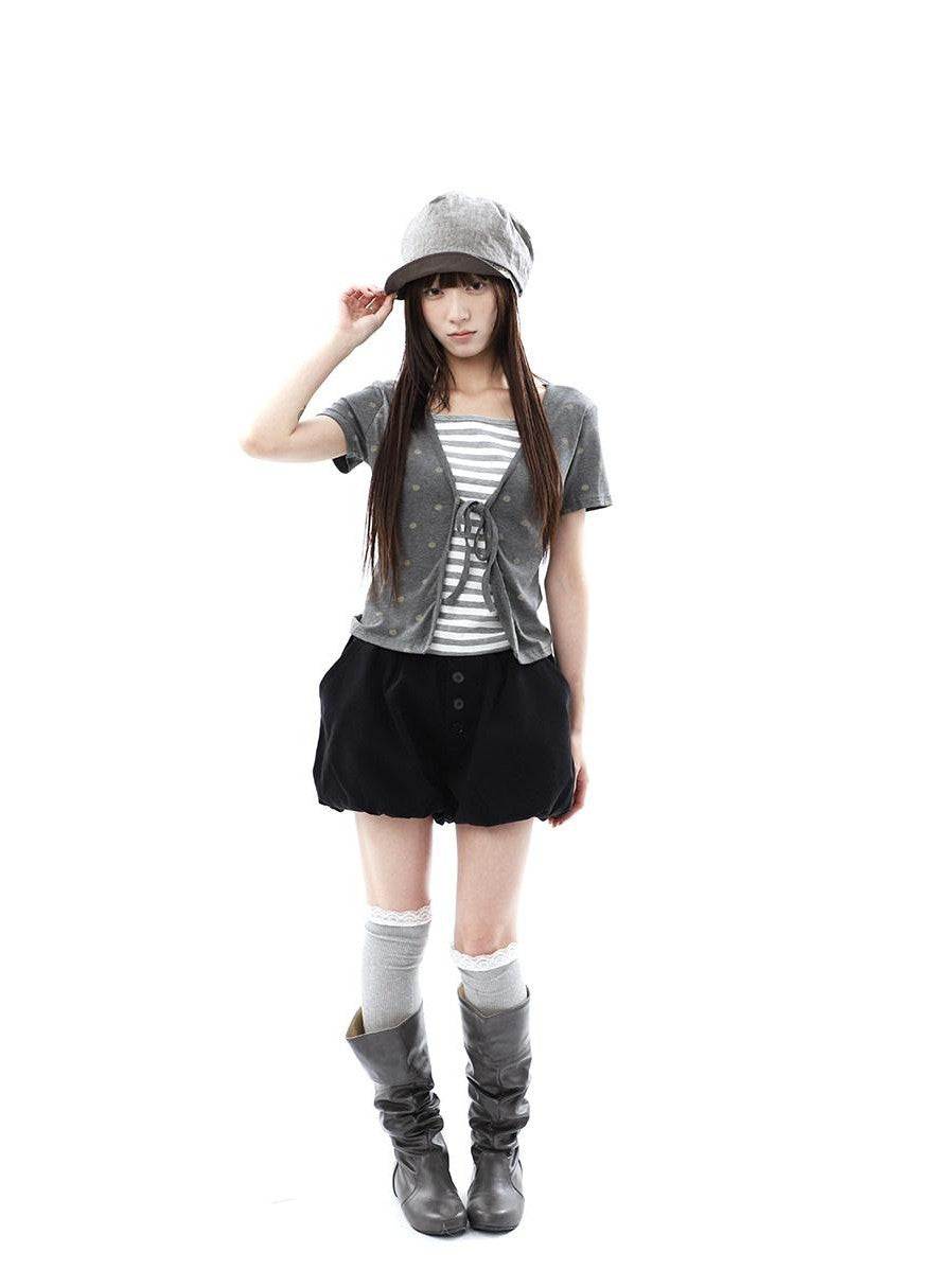 ang project Dot Stripe Patchwork Print Tie Fake Layer V-neck Women&