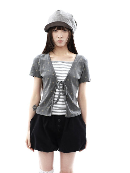ang project Dot Stripe Patchwork Print Tie Fake Layer V-neck Women&