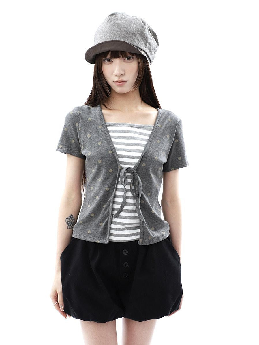ang project Dot Stripe Patchwork Print Tie Fake Layer V-neck Women&