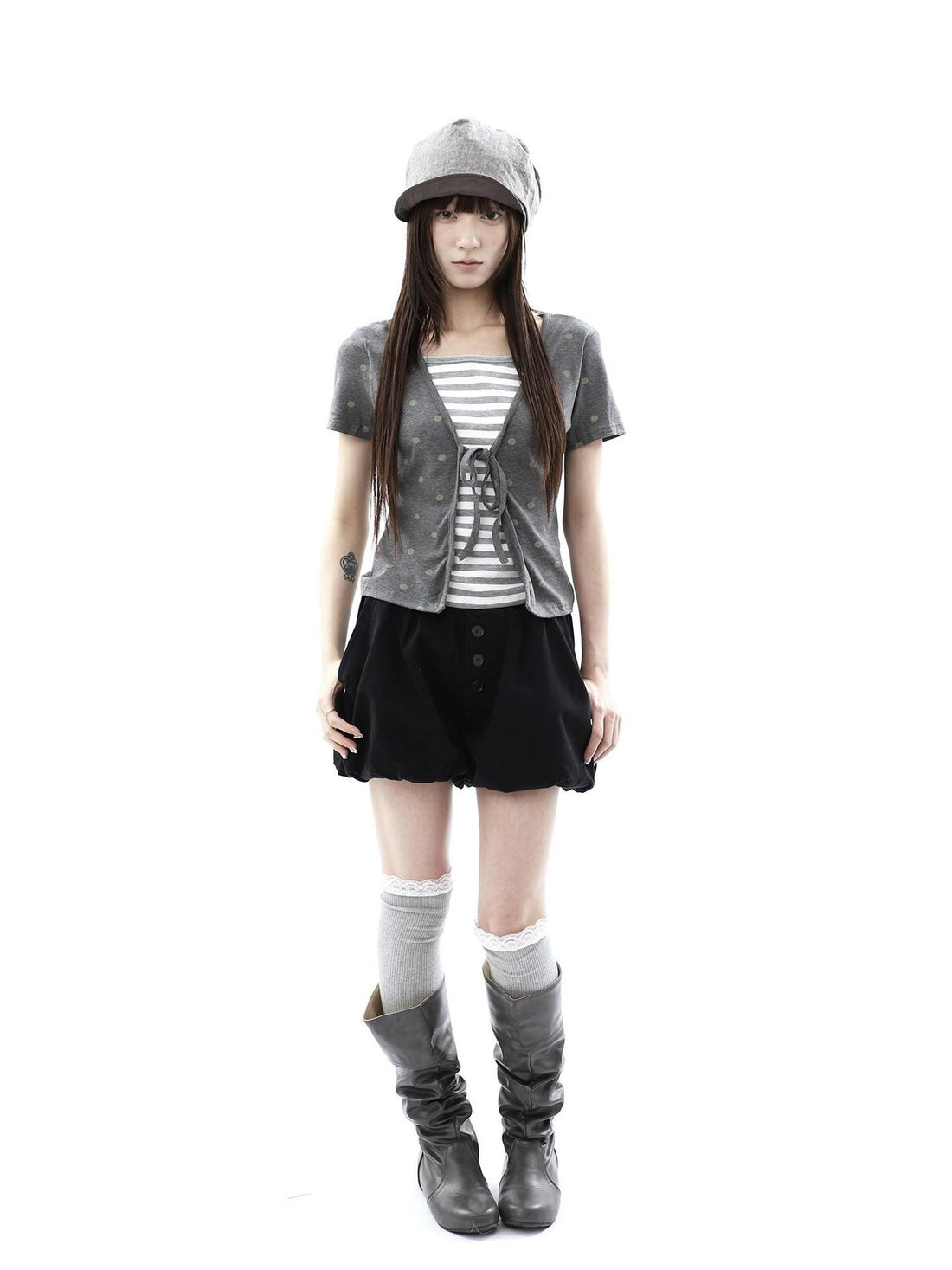 ang project Dot Stripe Patchwork Print Tie Fake Layer V-neck Women&