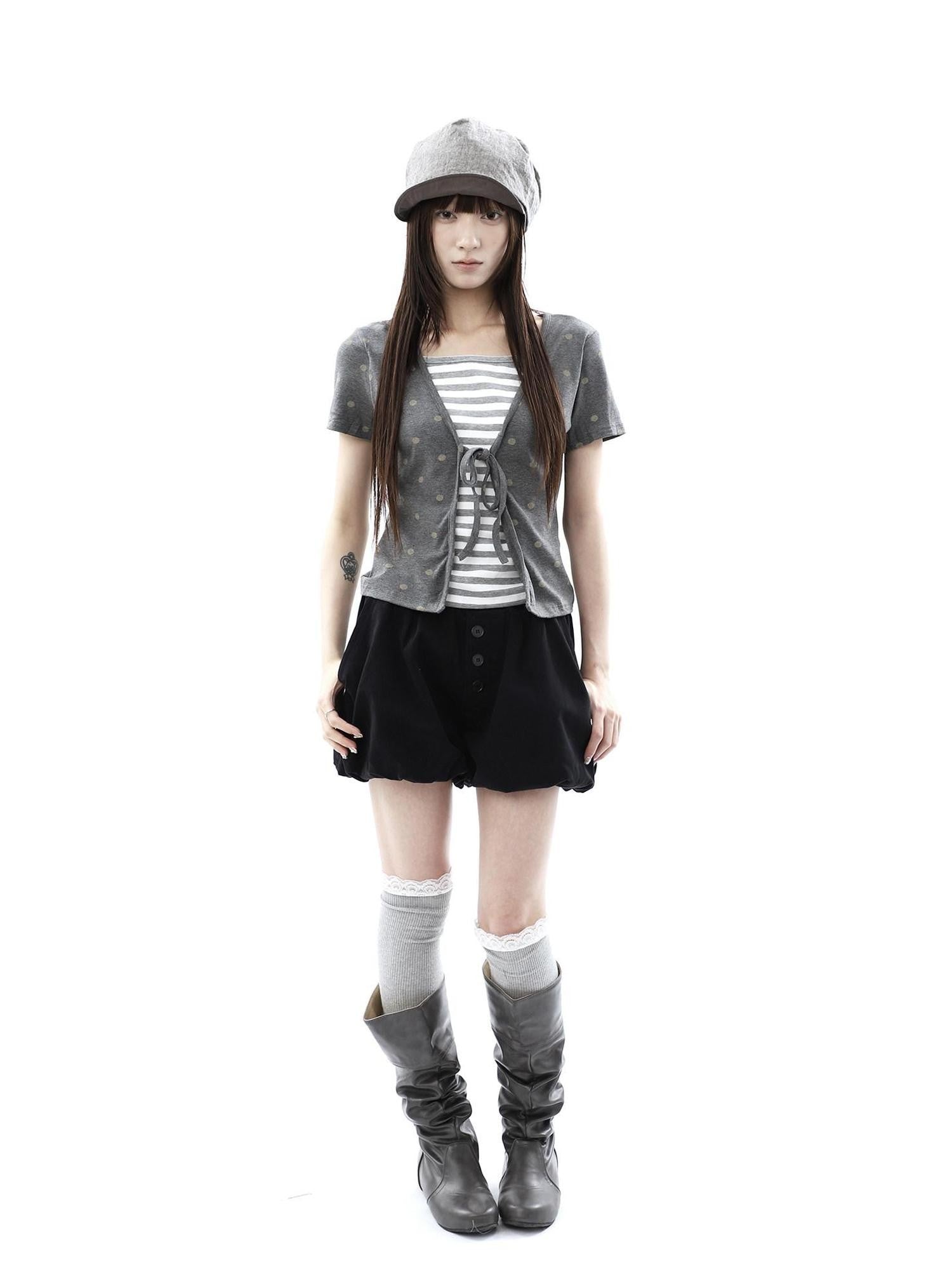 ang project Dot Stripe Patchwork Print Tie Fake Layer V-neck Women&