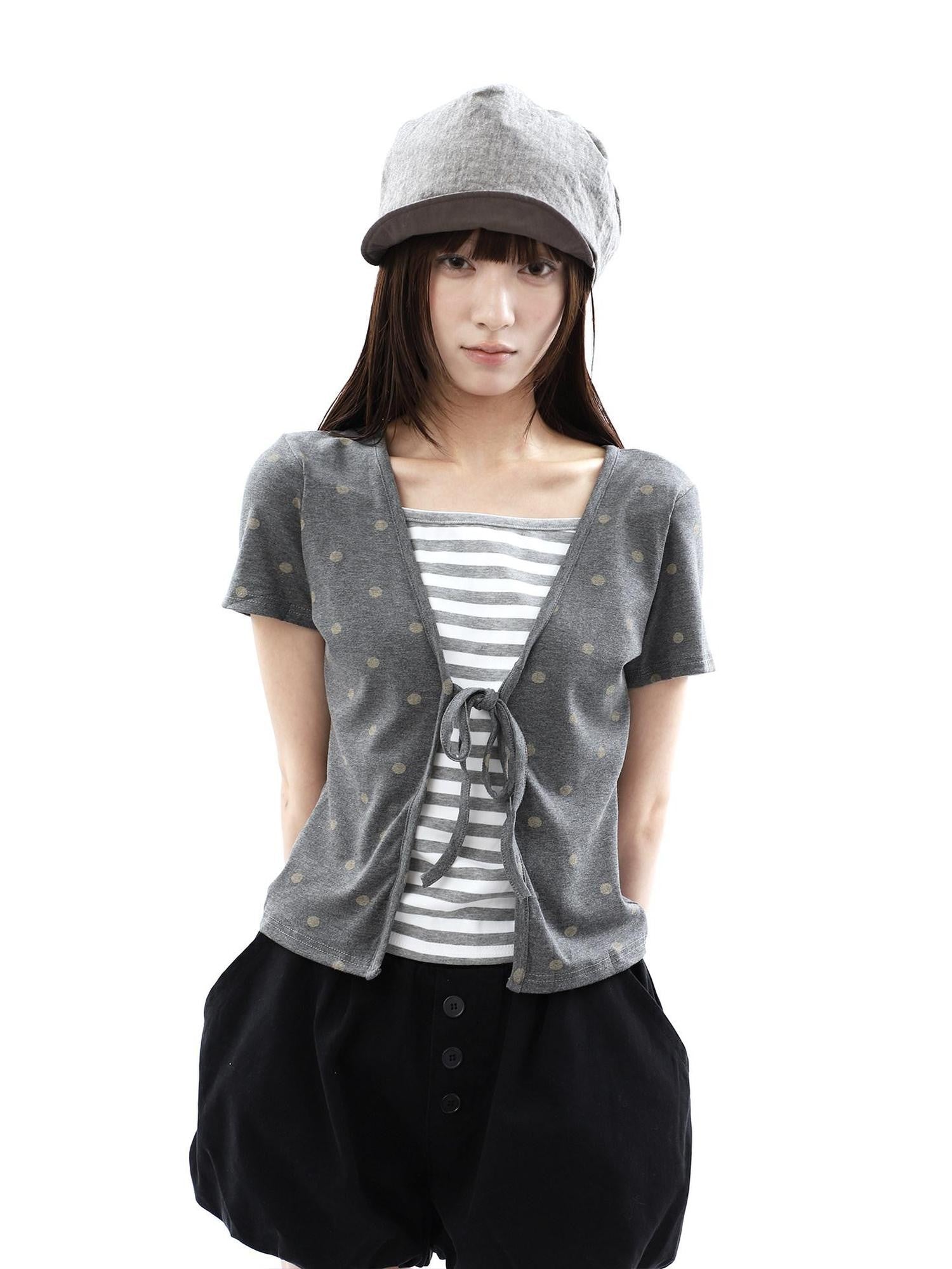 ang project Dot Stripe Patchwork Print Tie Fake Layer V-neck Women&
