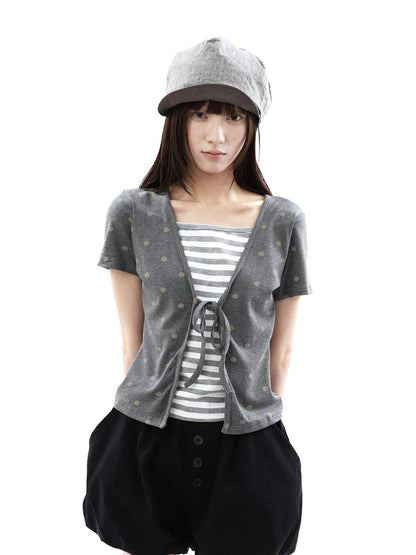 ang project Dot Stripe Patchwork Print Tie Fake Layer V-neck Women&