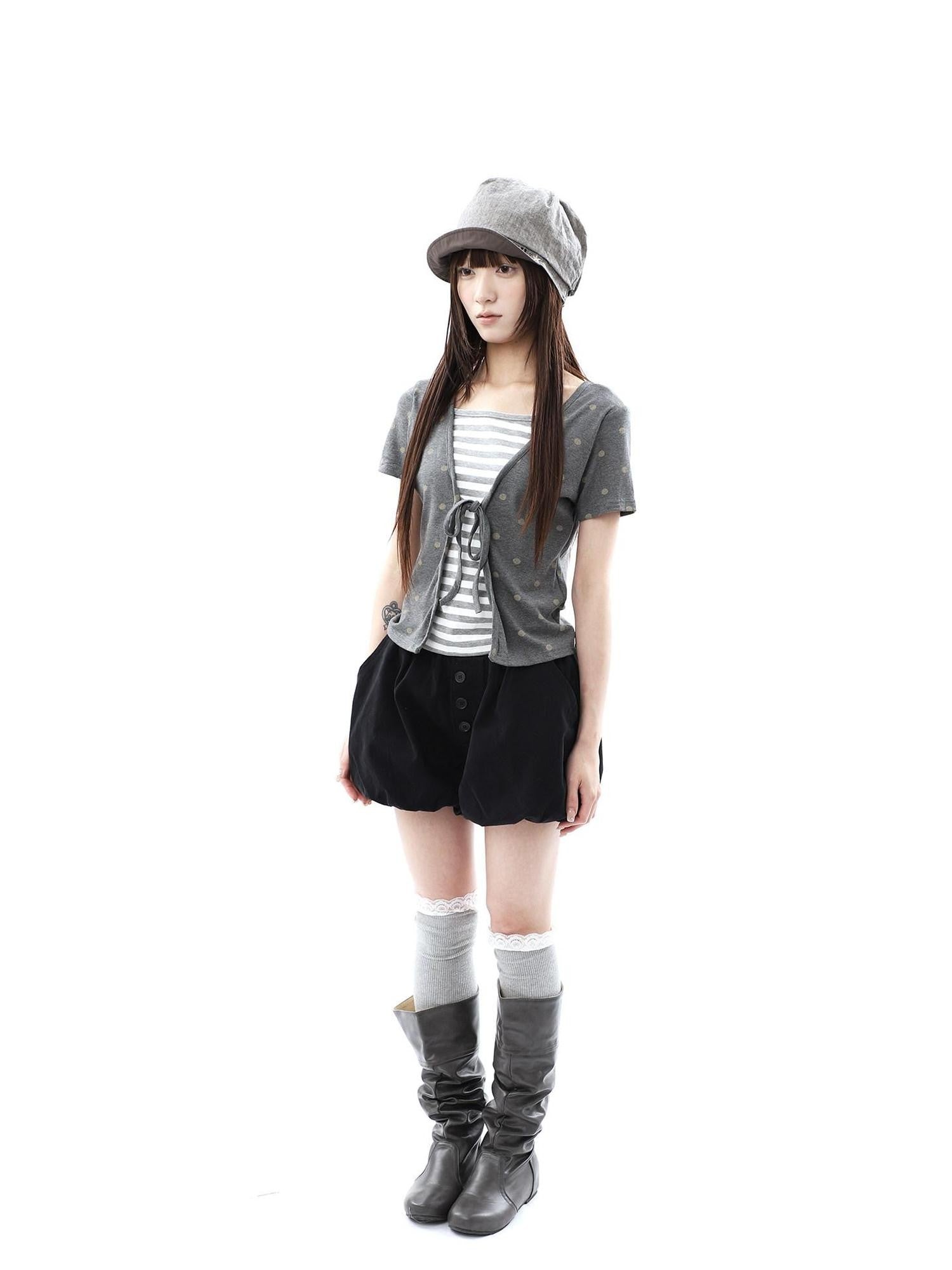 ang project Dot Stripe Patchwork Print Tie Fake Layer V-neck Women&