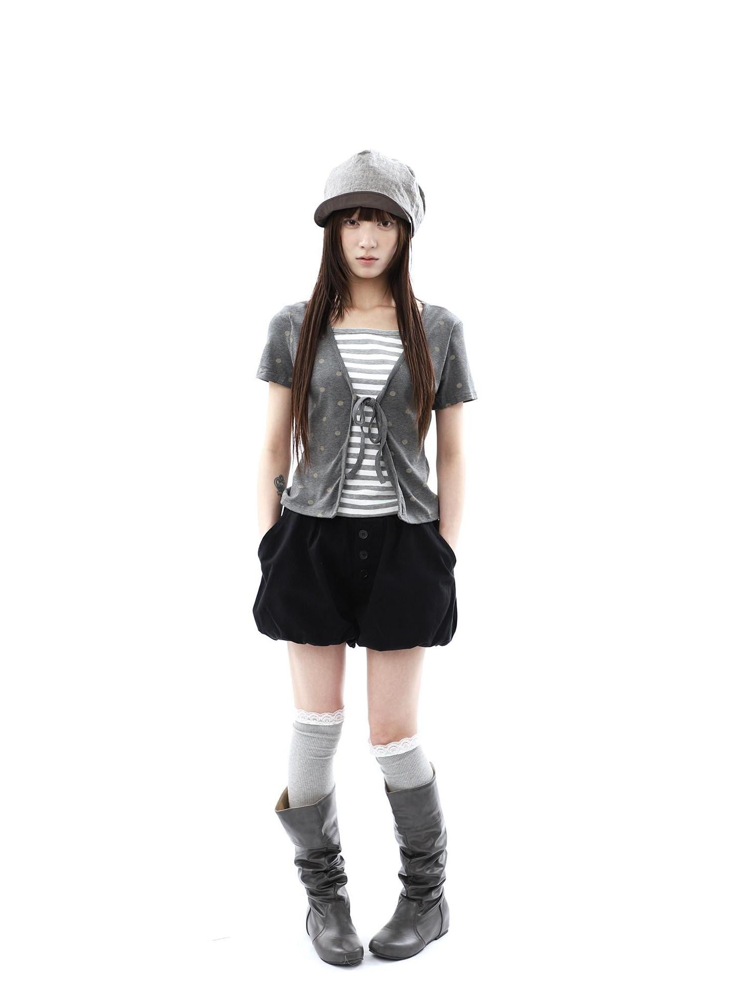 ang project Dot Stripe Patchwork Print Tie Fake Layer V-neck Women&