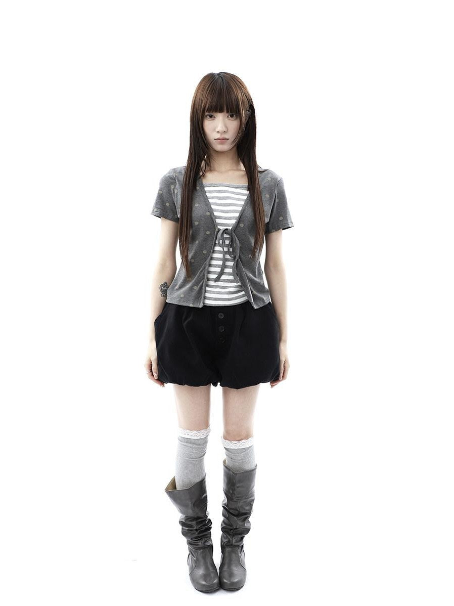 ang project Dot Stripe Patchwork Print Tie Fake Layer V-neck Women&