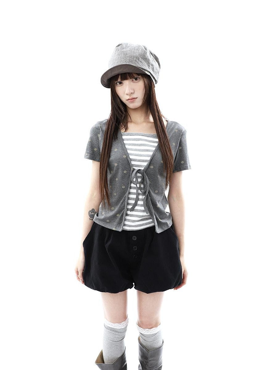 ang project Dot Stripe Patchwork Print Tie Fake Layer V-neck Women&