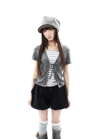 ang project Dot Stripe Patchwork Print Tie Fake Layer V-neck Women&