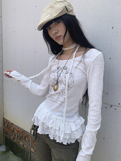 Updateang project Double Layer Floral Print Hem Ruffle Trim Long Sleeve Tee