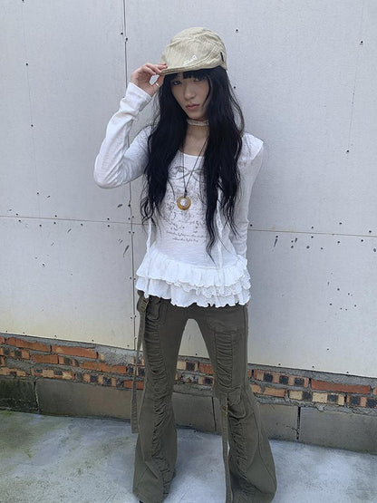 Updateang project Double Layer Floral Print Hem Ruffle Trim Long Sleeve Tee