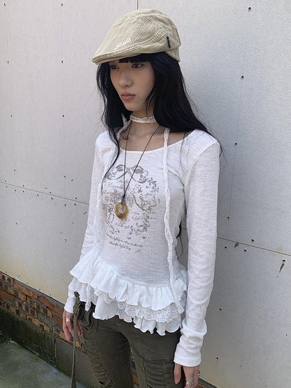 Updateang project Double Layer Floral Print Hem Ruffle Trim Long Sleeve Tee