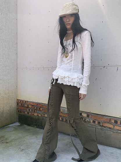 Updateang project Double Layer Floral Print Hem Ruffle Trim Long Sleeve Tee