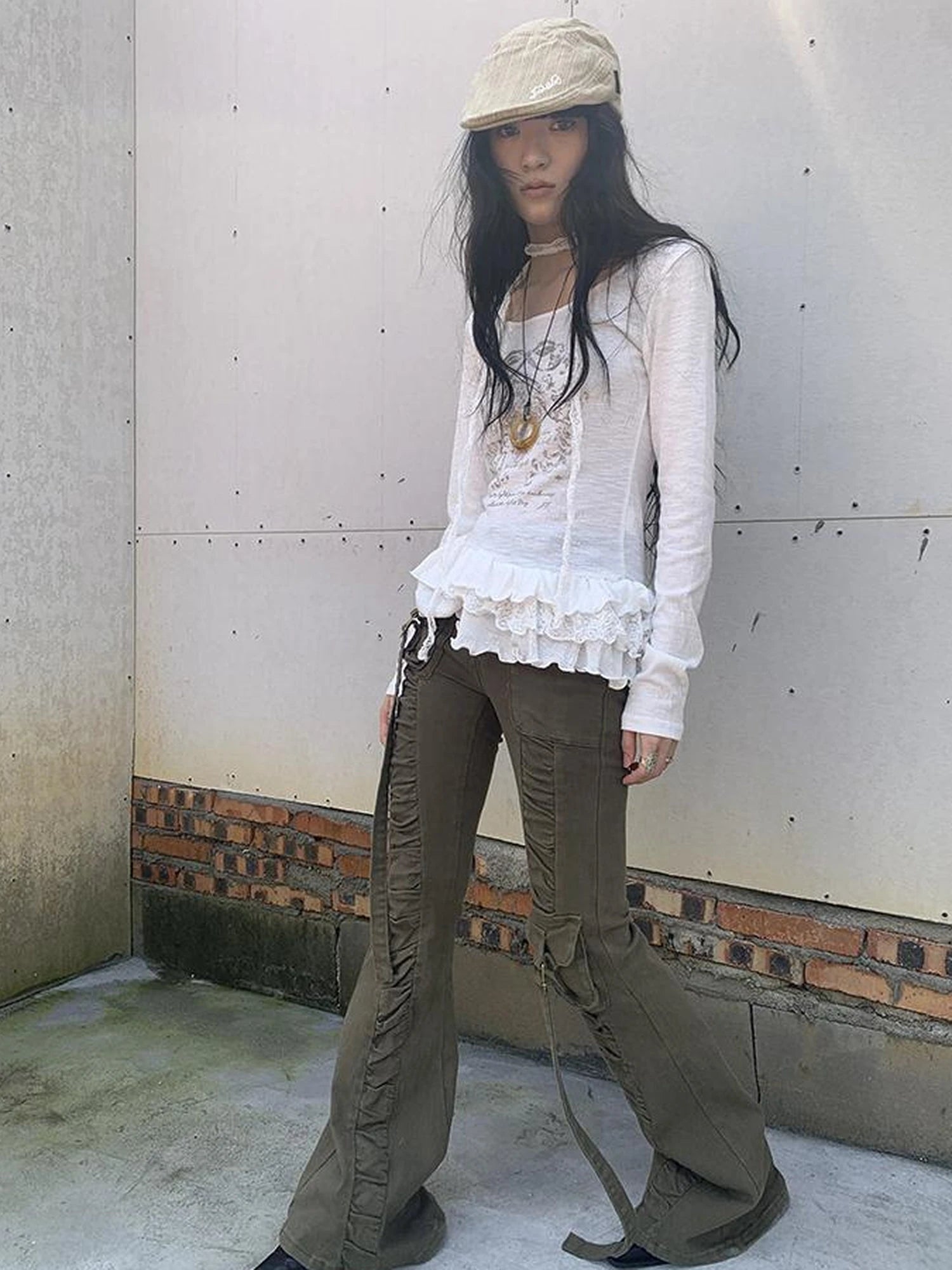 Layered Floral Print Ruffle Hem Long Sleeve Tee