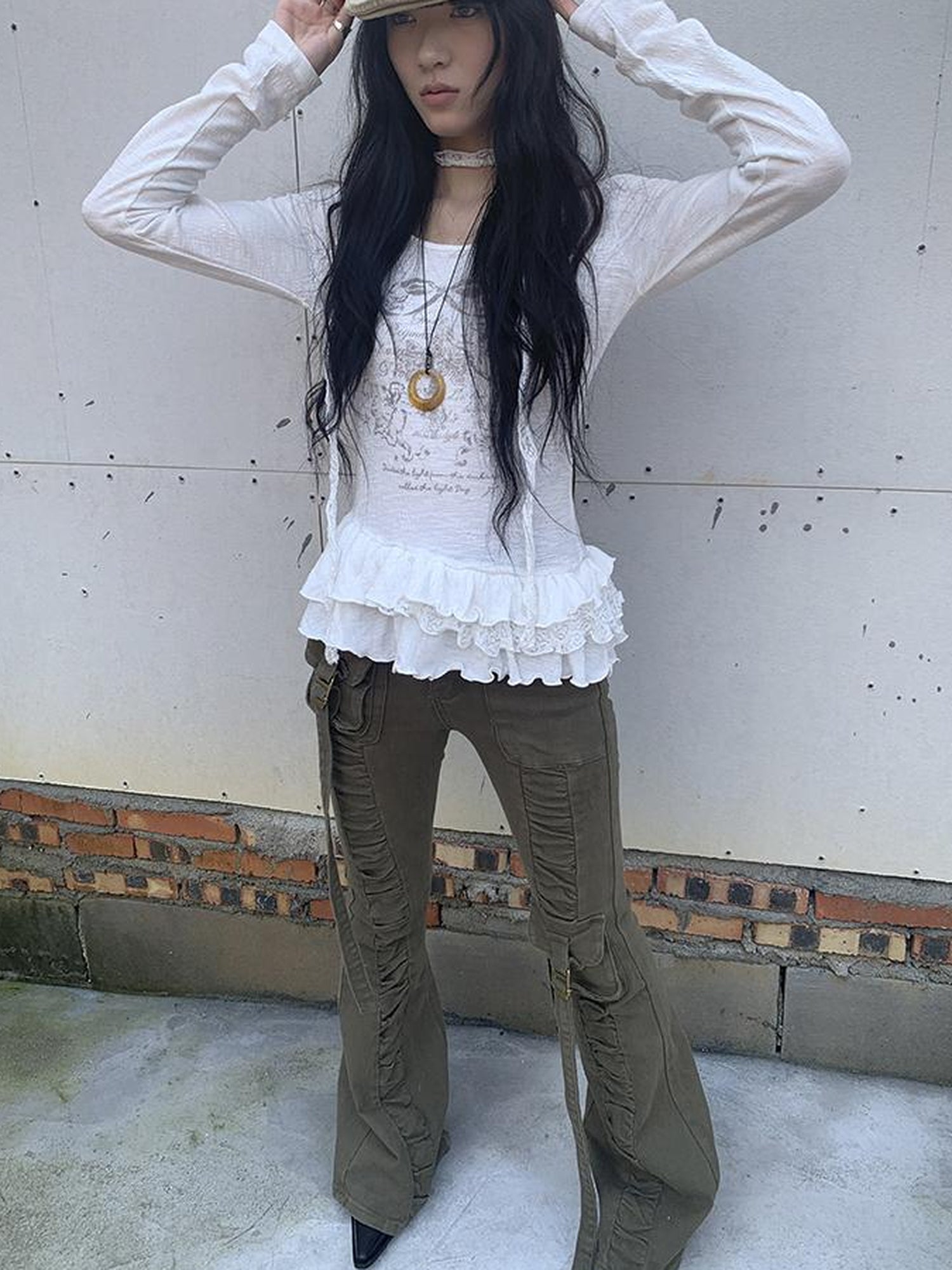 Updateang project Double Layer Floral Print Hem Ruffle Trim Long Sleeve Tee