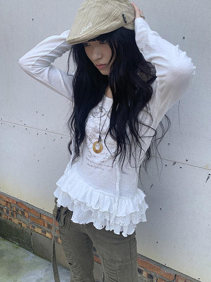 Updateang project Double Layer Floral Print Hem Ruffle Trim Long Sleeve Tee