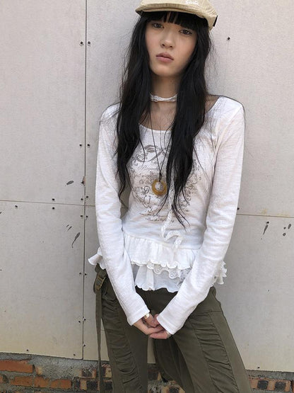Updateang project Double Layer Floral Print Hem Ruffle Trim Long Sleeve Tee