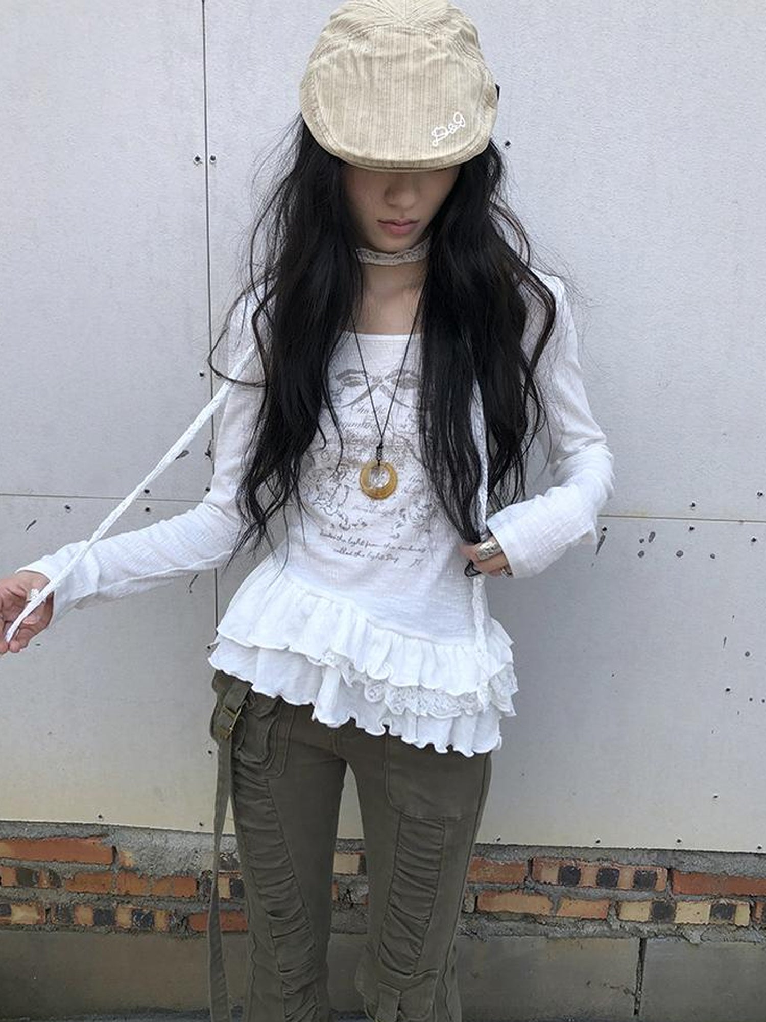 Updateang project Double Layer Floral Print Hem Ruffle Trim Long Sleeve Tee
