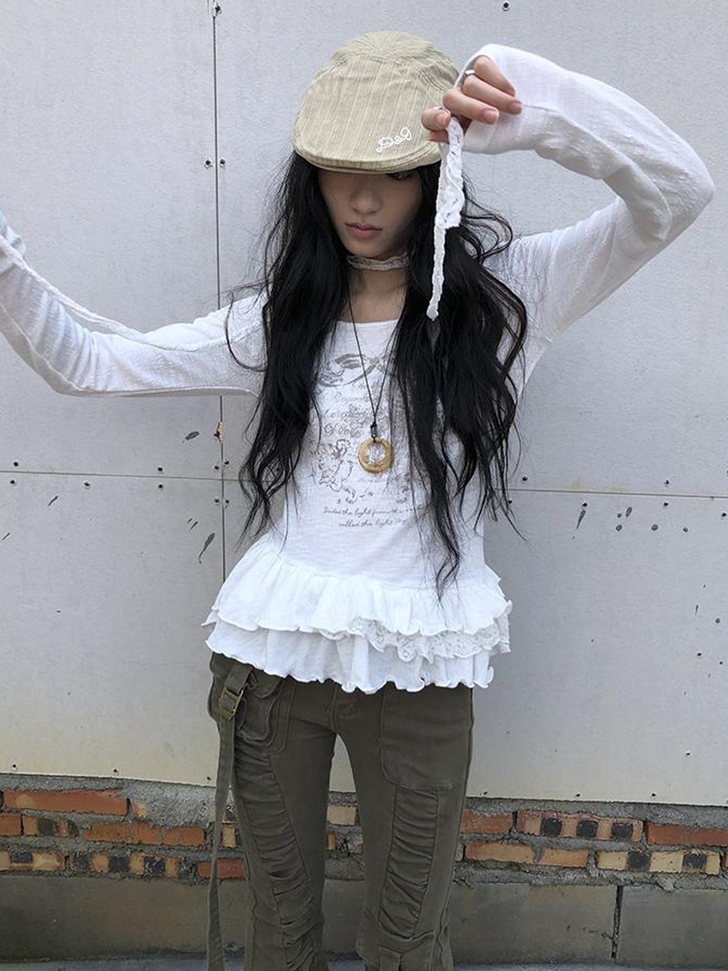Updateang project Double Layer Floral Print Hem Ruffle Trim Long Sleeve Tee