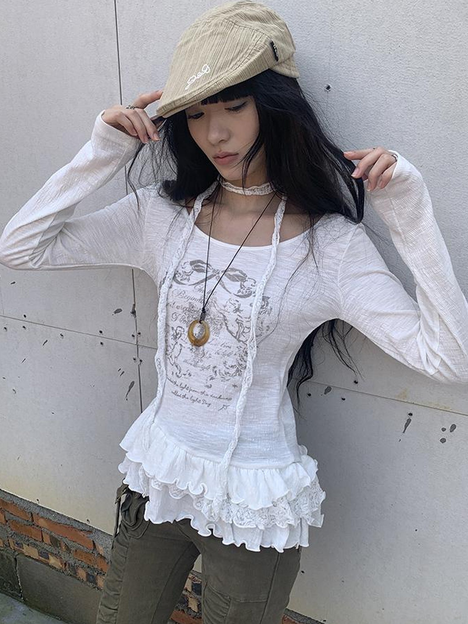 Updateang project Double Layer Floral Print Hem Ruffle Trim Long Sleeve Tee