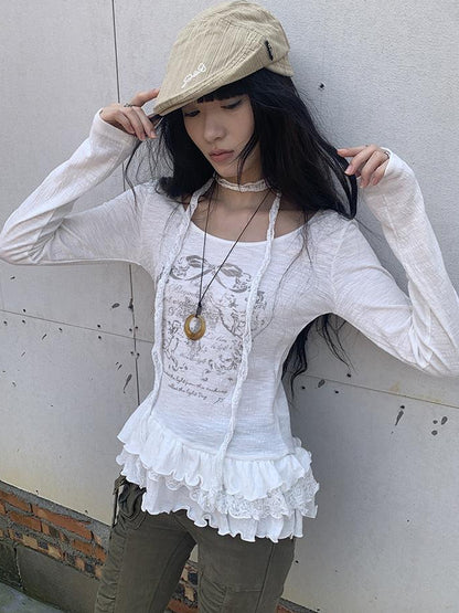 Updateang project Double Layer Floral Print Hem Ruffle Trim Long Sleeve Tee
