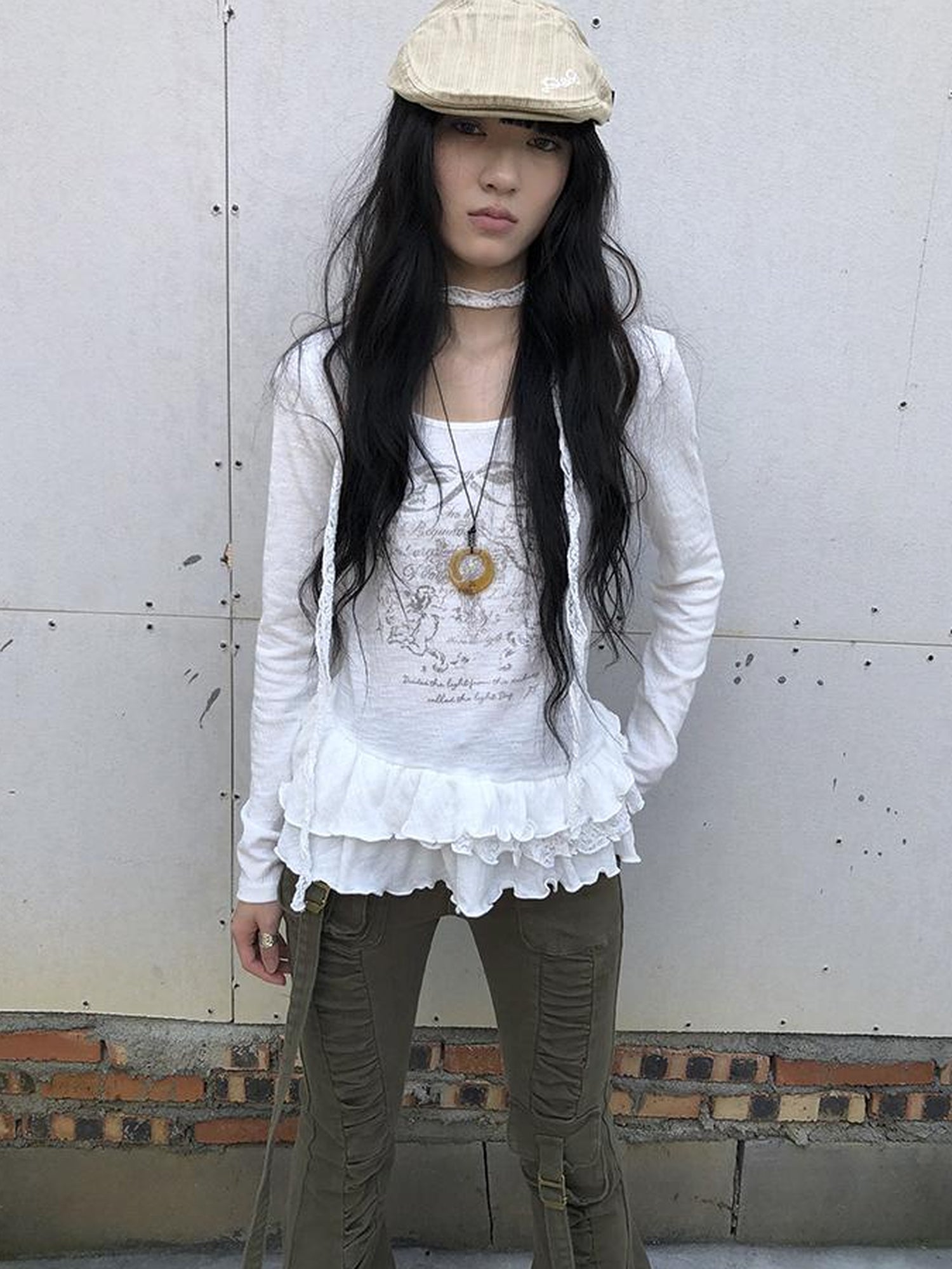 Updateang project Double Layer Floral Print Hem Ruffle Trim Long Sleeve Tee