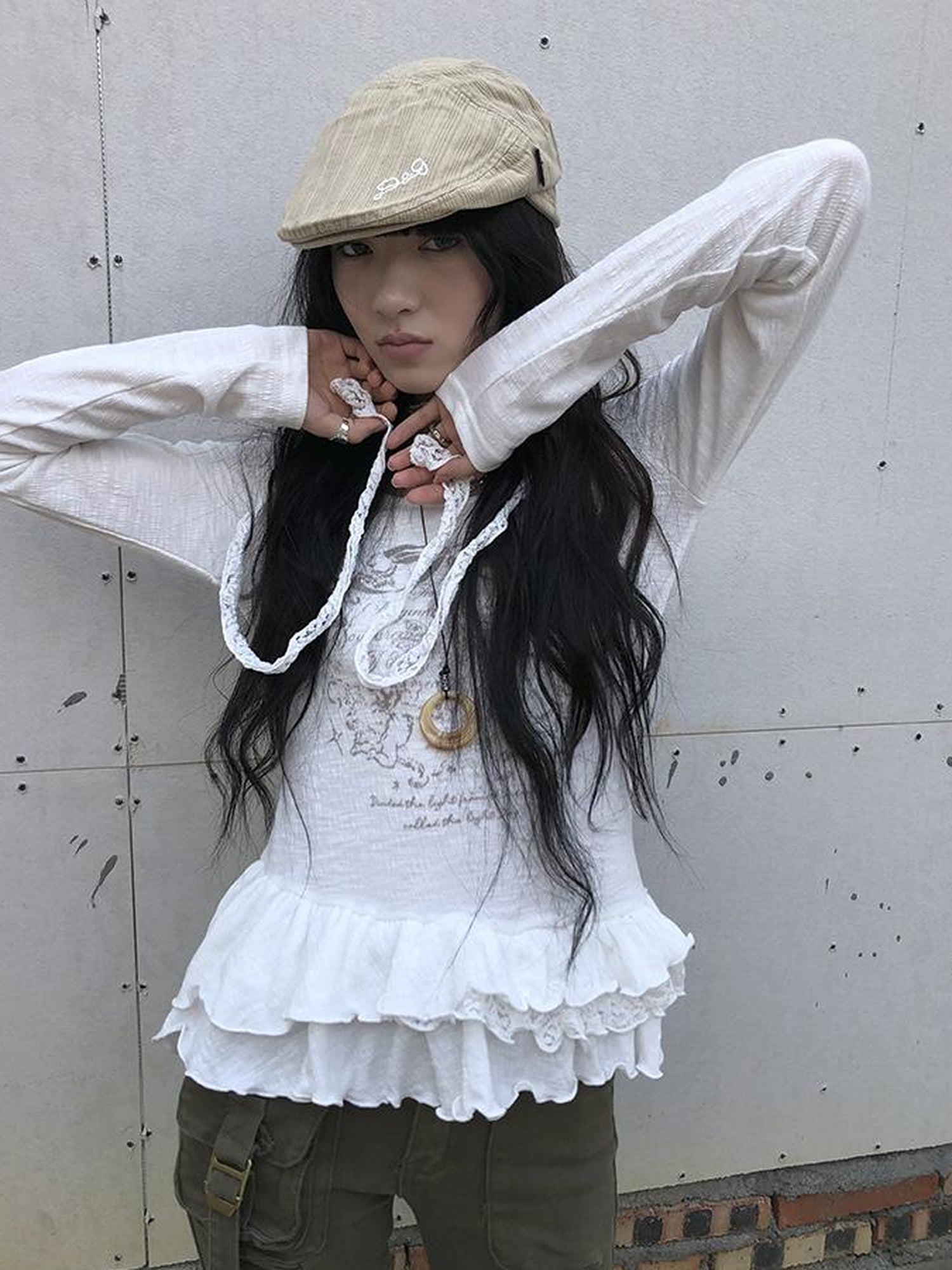 Updateang project Double Layer Floral Print Hem Ruffle Trim Long Sleeve Tee