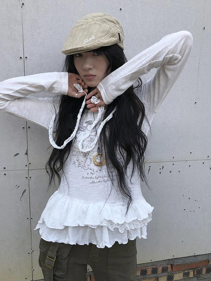 Updateang project Double Layer Floral Print Hem Ruffle Trim Long Sleeve Tee
