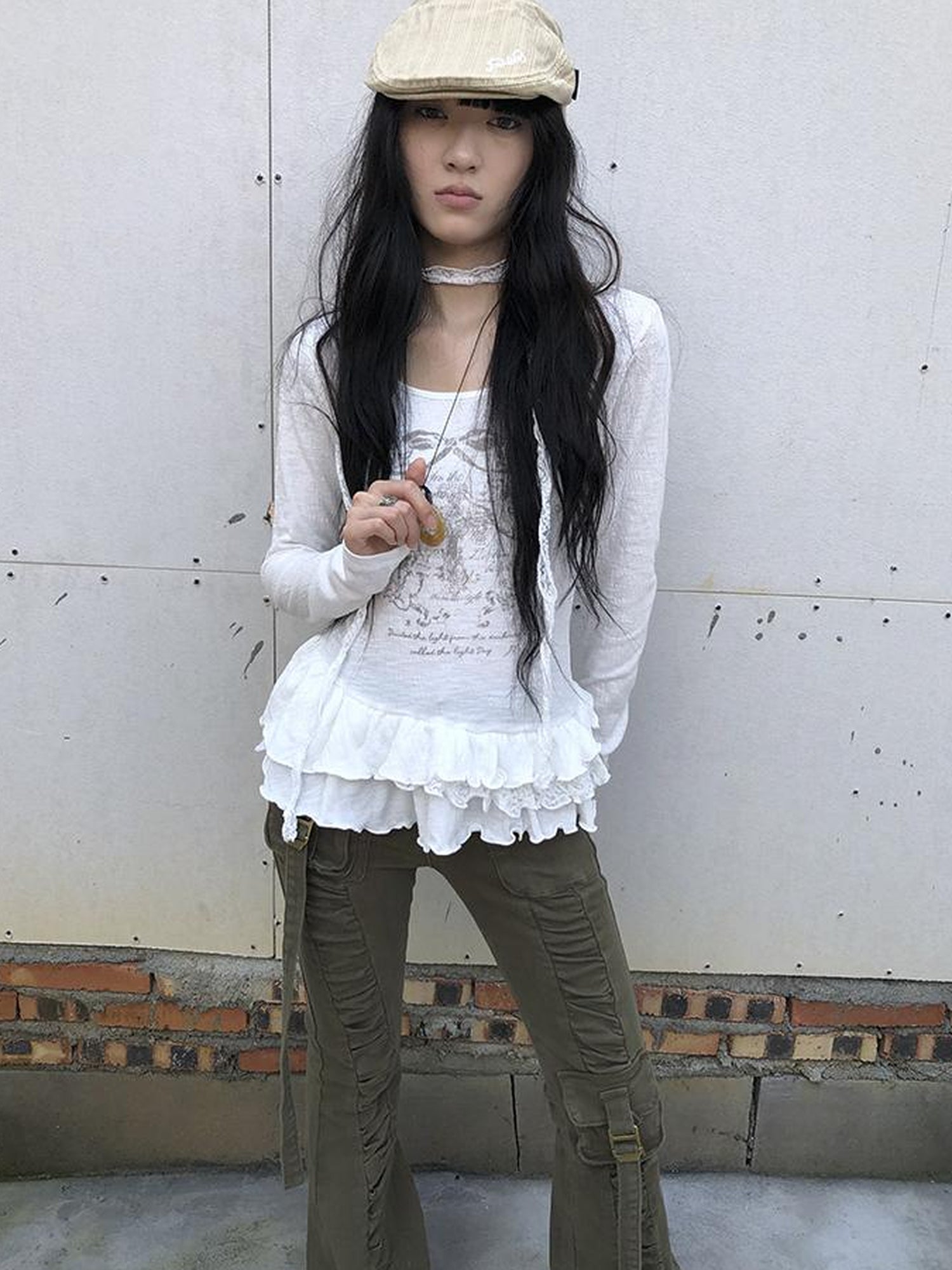 Updateang project Double Layer Floral Print Hem Ruffle Trim Long Sleeve Tee