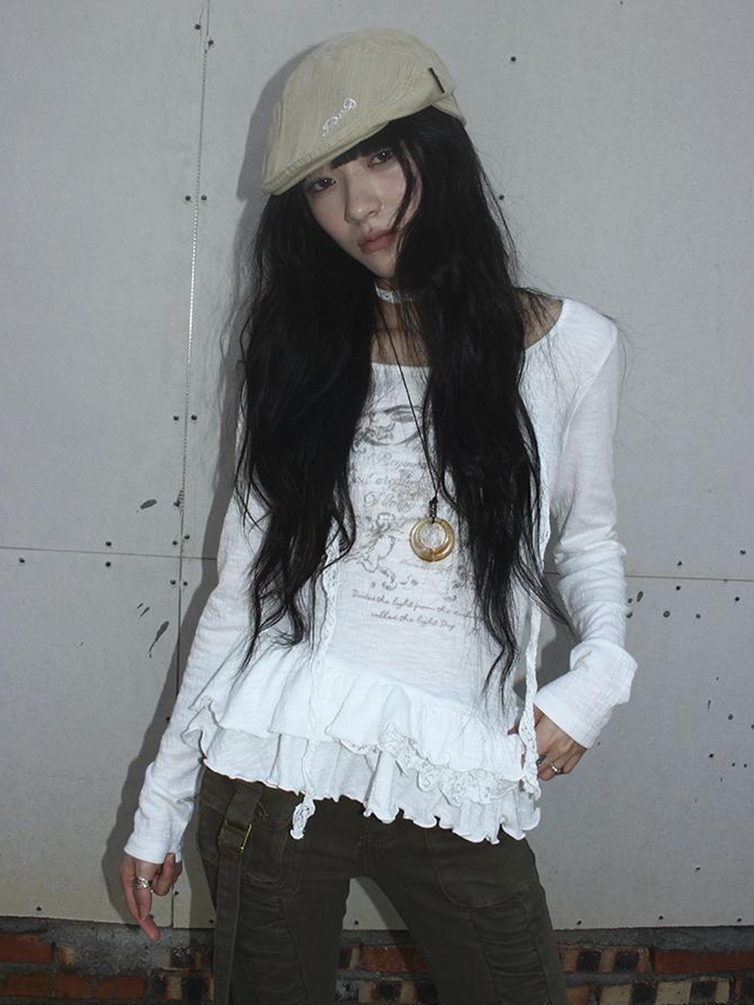 Updateang project Double Layer Floral Print Hem Ruffle Trim Long Sleeve Tee