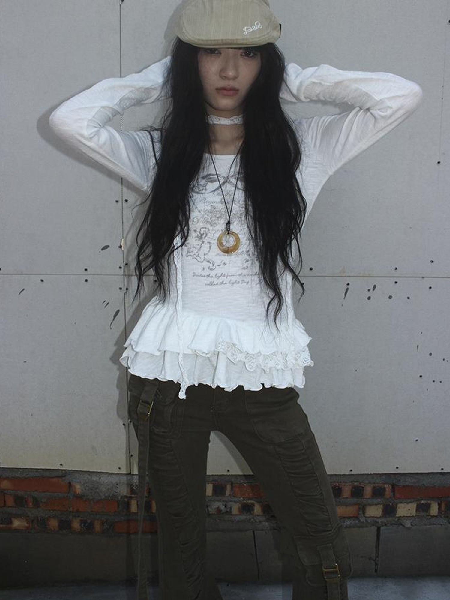 Updateang project Double Layer Floral Print Hem Ruffle Trim Long Sleeve Tee