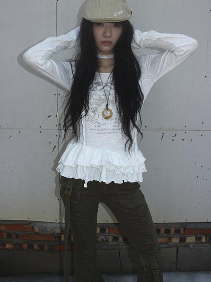 Updateang project Double Layer Floral Print Hem Ruffle Trim Long Sleeve Tee